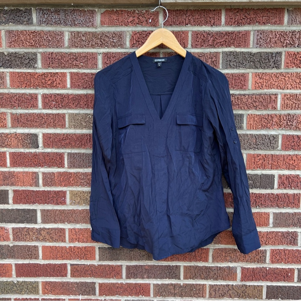 Express Navy Blue Pocket Front V Neck Long Sleeve Blouse